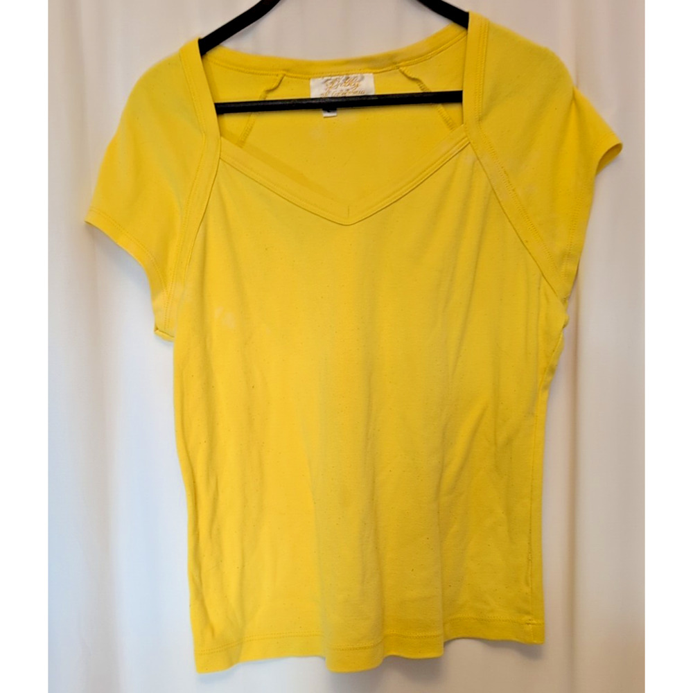 90s VTG Wmn's Top: Lilly of California L yellow short sleeve USA made v neck
